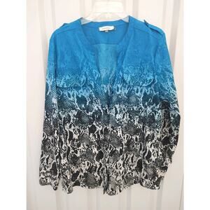 Calvin Klein Button Down Blouse Top Vneck Snake Print Large Blue Black